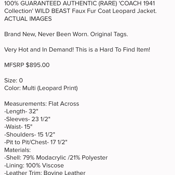 Coach 1941 Collection “WILD BEAST” Faux Fur Coat - Picture 8 of 8